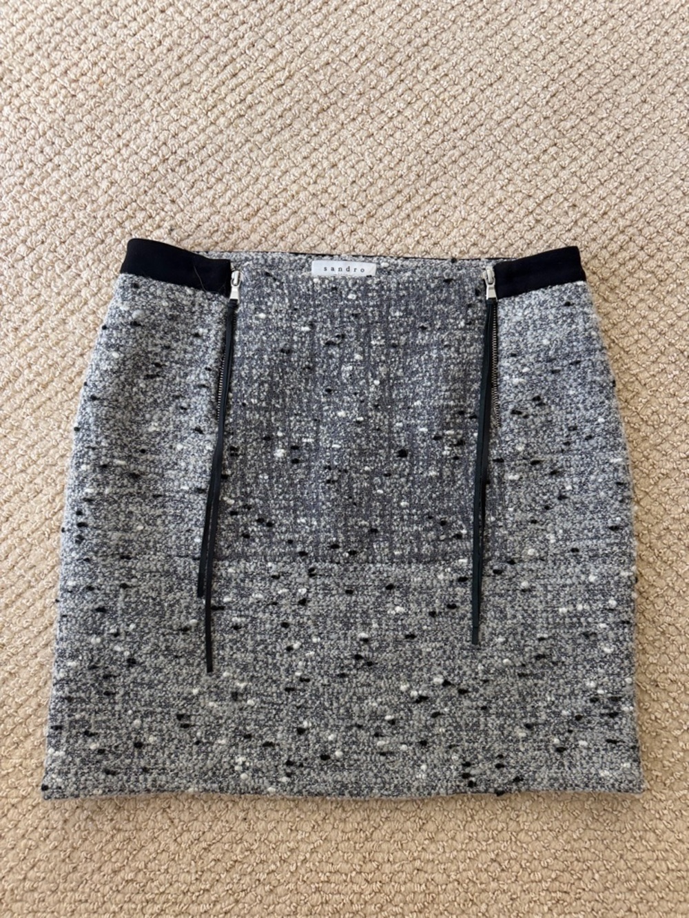 Sandro Black & Gray Bouclé Mini Skirt with Front Zips size 38
